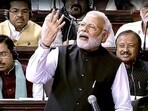 Prime Minister Narendra Modi speaks at the discussion on the Motion of Thanks on the President's address in Rajya Sabha during the Budget Session of Parliament, in New Delhi on Thursday. Prime Minister Narendra Modi speaks at the discussion on the Motion of Thanks on the President's address in Rajya Sabha during the Budget Session of Parliament, in New Delhi on Thursday.