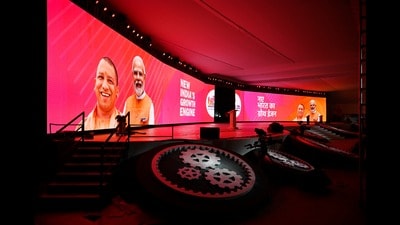 A stage at the UPGIS 2023 venue in Lucknow. (Deepak Gupta/HT) A stage at the UPGIS 2023 venue in Lucknow. (Deepak Gupta/HT)