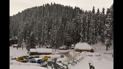 A thick layer of snow settled on a residential area in Gulmarg on Thursday. (ANI) A thick layer of snow settled on a residential area in Gulmarg on Thursday. (ANI)