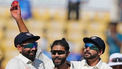 India's Ravindra Jadeja shows the ball after taking a five-wicket haul (ANI) India's Ravindra Jadeja shows the ball after taking a five-wicket haul (ANI)