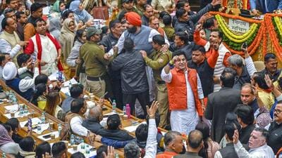 BJP councillors shout slogans against AAP councillors at the Civic Centre in New Delhi on February 6. (HT Photo) BJP councillors shout slogans against AAP councillors at the Civic Centre in New Delhi on February 6. (HT Photo)