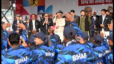 Bihar chief minister Nitish Kumar along with deputy chief minister Tejashwi Prasad Yadav at Pataliputra Sports Complex in Patna on Thursday. (Santosh Kumar/HT Photo) Bihar chief minister Nitish Kumar along with deputy chief minister Tejashwi Prasad Yadav at Pataliputra Sports Complex in Patna on Thursday. (Santosh Kumar/HT Photo)