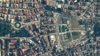 An overview of Antakya, Turkey on December 22, 2022, before an 7.8 magnitude earthquake which struck the region on February 6, 2023 and (R) a handout satellite image showing collapsed buildings and emergency tents in Antakya, Turkey on February 8. (AFP/Maxar)