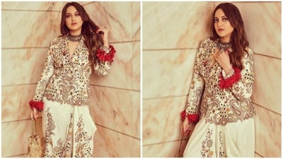 Sonakshi Sinha infuses western with Indian to create this beautiful look for her latest photoshoot. She donned a jacket and dhoti skirt set featuring intricate embroidery. (Instagram/@aslisona) Sonakshi Sinha infuses western with Indian to create this beautiful look for her latest photoshoot. She donned a jacket and dhoti skirt set featuring intricate embroidery. (Instagram/@aslisona)