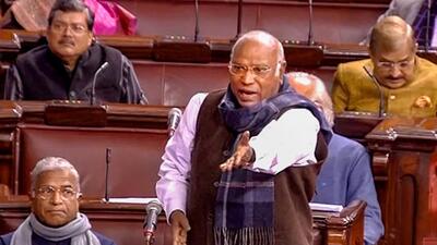 Congress MP Mallikarjun Kharge speaks in the Rajya Sabha during Budget Session of Parliament, in New Delhi, (PTI)