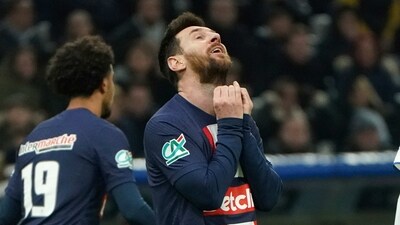 PSG's Lionel Messi reacts after missing a scoring chance during the French Cup game (AP) PSG's Lionel Messi reacts after missing a scoring chance during the French Cup game (AP)