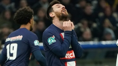 PSG's Lionel Messi reacts after missing a scoring chance during the French Cup soccer match between Olympique de Marseille and Paris Saint Germain at the Velodrome stadium in Marseille, southern France, Wednesday, Feb. 8, 2023. (AP Photo/Laurent Cipriani) (AP) PSG's Lionel Messi reacts after missing a scoring chance during the French Cup soccer match between Olympique de Marseille and Paris Saint Germain at the Velodrome stadium in Marseille, southern France, Wednesday, Feb. 8, 2023. (AP Photo/Laurent Cipriani) (AP)