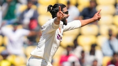 India's Ravindra Jadeja celebrates the wicket of Australia's Steve Smith during the first day of the first cricket test match between India and Australia in Nagpur, India, Thursday, Feb. 9, 2023. (AP) India's Ravindra Jadeja celebrates the wicket of Australia's Steve Smith during the first day of the first cricket test match between India and Australia in Nagpur, India, Thursday, Feb. 9, 2023. (AP)
