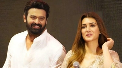 Kriti Sanon with Prabhas at Adipurush's trailer launch. Kriti Sanon with Prabhas at Adipurush's trailer launch. 