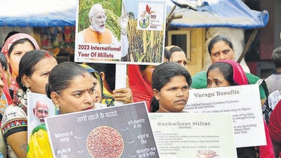 Mumbai, India - February 09, 2023: With the aim to create awareness and increase production and consumption of millets, United Nations, at the behest of the Government of India, declared 2023 the International Year Millets (IYM). Commercial sex workers of Kamathipura take part in a rally organised under the leadership of Swati Pandey, Postmaster General, India Post, Mumbai Region, to create an awareness about the importance of millets in their diet, at Nagpada, in Mumbai, India, on Thursday, February 09, 2023. (Photo by Bhushan Koyande/HT Photo) (HT PHOTO) Mumbai, India - February 09, 2023: With the aim to create awareness and increase production and consumption of millets, United Nations, at the behest of the Government of India, declared 2023 the International Year Millets (IYM). Commercial sex workers of Kamathipura take part in a rally organised under the leadership of Swati Pandey, Postmaster General, India Post, Mumbai Region, to create an awareness about the importance of millets in their diet, at Nagpada, in Mumbai, India, on Thursday, February 09, 2023. (Photo by Bhushan Koyande/HT Photo) (HT PHOTO)