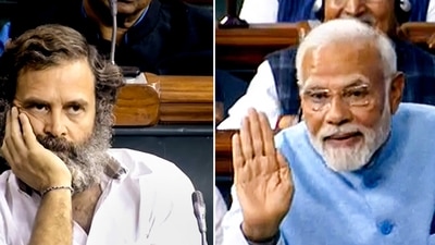 Prime Minister Narendra Modi replies to the Motion of Thanks on the President's Address as Congress MP Rahul Gandhi listens to him in the Lok Sabha during Budget Session of Parliament, in Delhi, Wednesday. (PTI) Prime Minister Narendra Modi replies to the Motion of Thanks on the President's Address as Congress MP Rahul Gandhi listens to him in the Lok Sabha during Budget Session of Parliament, in Delhi, Wednesday. (PTI)