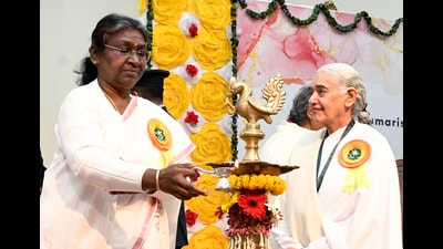 President Droupadi Murmu lights a lamp during the inauguration of a National Convention on ‘Women as Foundation of Value-based Society’ and launch of an all-India awareness campaign ‘Empowering the Family’ at the Om Shanti Retreat Centre of Brahmakumaris, in Gurugram on Thursday. (ANI) President Droupadi Murmu lights a lamp during the inauguration of a National Convention on ‘Women as Foundation of Value-based Society’ and launch of an all-India awareness campaign ‘Empowering the Family’ at the Om Shanti Retreat Centre of Brahmakumaris, in Gurugram on Thursday. (ANI)