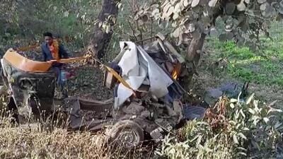 The auto-rickshaw ferrying children collided with a truck, in Kanker district. (HT)