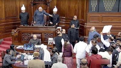 Opposition MPs sloganeering in the Well of Rajya Sabha during the Budget Session of Parliament, in New Delhi on Thursday. (ANI/Sansad TV) Opposition MPs sloganeering in the Well of Rajya Sabha during the Budget Session of Parliament, in New Delhi on Thursday. (ANI/Sansad TV)