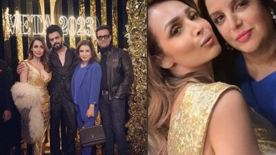 Malaika Arora and Farah Khan pose together at an event. Malaika Arora and Farah Khan pose together at an event.