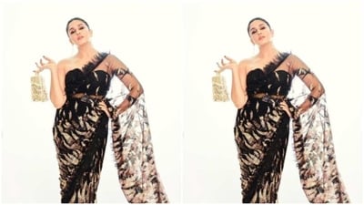 Huma played muse to fashion designer Aby Jani Sandeep Khosla and picked a sheer black sequined saree for the pictures.&nbsp; (Instagram/@iamhumaq)