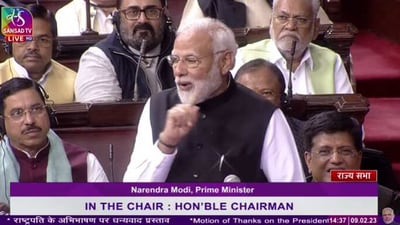 Prime Minister Narendra Modi replies to debate on Motion of Thanks in Rajya Sabha. (Sansad TV)