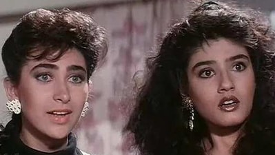 Karisma Kapoor and Raveena Tandon in Andaz Apna Apna. Karisma Kapoor and Raveena Tandon in Andaz Apna Apna.
