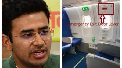 A major row has erupted after South Bengaluru MP Tejasvi Surya opened the emergency exit of a plane when it was boarding passengers. A major row has erupted after South Bengaluru MP Tejasvi Surya opened the emergency exit of a plane when it was boarding passengers.