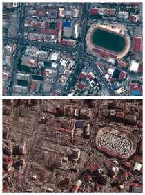 This combination of July 26, 2022 and Feb. 8, 2023 satellite images provided by Maxar Technologies shows buildings and a stadium in downtown Kahramanmaras, (AP)