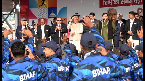 Bihar chief minister Nitish Kumar along with deputy chief minister Tejashwi Prasad Yadav at Pataliputra Sports Complex in Patna on Thursday. (Santosh Kumar/HT Photo)