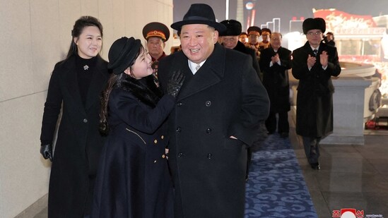 North Korean leader Kim Jong Un, his wife Ri Sol Ju and their daughter Kim Ju Ae attend a military parade to mark the 75th founding anniversary of North Korea's army.(via REUTERS)
