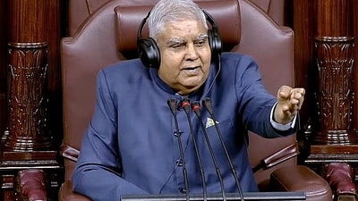 Rajya Sabha Chairman Jagdeep Dhankhar conducts the proceedings of the House during the Budget Session of Parliament, in New Delhi on Friday. (ANI Photo/ SansadTV)