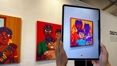 An illustrated family portrait ‘Ascension’, coming to life with a layer of augmented reality with different emotions and personalities visible. (Vishal Mathur/ HT Photo)