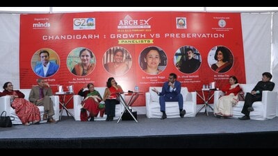 Chandigarh mayor Anup Gupta speaking during a panel discussion on “Chandigarh: Growth vs Preservation” after inaugurating the four-day ARCHEX expo at Parade Ground. (HT Photo)
