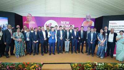 Delegates with Uttar Pradesh minister AK Sharma at the Singapore partner country session during the UP Global Investors Summit in Lucknow on Friday. (SOURCED IMAGE) Delegates with Uttar Pradesh minister AK Sharma at the Singapore partner country session during the UP Global Investors Summit in Lucknow on Friday. (SOURCED IMAGE)
