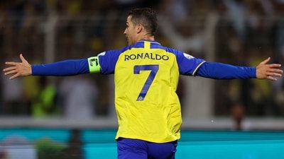 Nassr's Portuguese forward Cristiano Ronaldo celebrates scoring his team's fourth goal the Saudi Pro League football match between Al-Wehda and Al-Nassr at the King Abdulaziz Stadium in Mecca on February 9, 2023. (Photo by AFP) (AFP) Nassr's Portuguese forward Cristiano Ronaldo celebrates scoring his team's fourth goal the Saudi Pro League football match between Al-Wehda and Al-Nassr at the King Abdulaziz Stadium in Mecca on February 9, 2023. (Photo by AFP) (AFP)