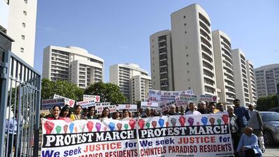 Gurugram, India-February 10, 2023: Residents of Chintels Paradiso Housing Complex, Sector 109 held a protest march demanding a new flat on the complete year of the incident near Euro International School, in Gurugram, India, on Friday, 10 February 2023. (Photo by Parveen Kumar/Hindustan Times)(Pic to go with Abhishek's story)