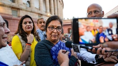 Congress MP Rajani Ashokrao Patil speaks with the media after Rajya Sabha Chairman Jagdeep Dhankhar suspended her for remainder of the budget session for filming proceedings of the house. (PTI) Congress MP Rajani Ashokrao Patil speaks with the media after Rajya Sabha Chairman Jagdeep Dhankhar suspended her for remainder of the budget session for filming proceedings of the house. (PTI)