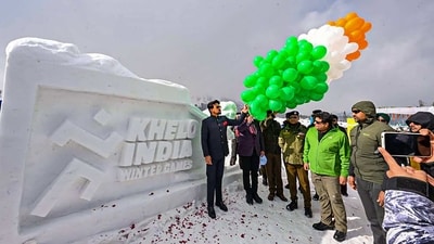 Union Minister for Youth Affairs & Sports Anurag Thakur during the inaugural function of Khelo India Winter Games 2023, at Gulmarg in Baramulla district of North Kashmir. (PTI) Union Minister for Youth Affairs & Sports Anurag Thakur during the inaugural function of Khelo India Winter Games 2023, at Gulmarg in Baramulla district of North Kashmir. (PTI)