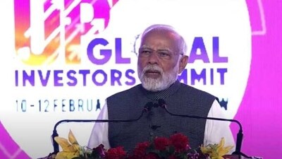 PM Modi speaking at the Global Investors' Meet 2023 on Friday in Lucknow.