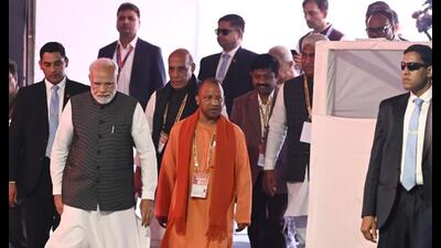 Prime Minister Narendra Modi, Union defence minister Rajnath Singh, chief minister Yogi Adiyanath, deputy chief minister Brajesh Pathak, industrial development minister Nand Gopal Gupta ‘Nandi’ at UP Inverstors’ Summit. (Deepak Gupta/HT) Prime Minister Narendra Modi, Union defence minister Rajnath Singh, chief minister Yogi Adiyanath, deputy chief minister Brajesh Pathak, industrial development minister Nand Gopal Gupta ‘Nandi’ at UP Inverstors’ Summit. (Deepak Gupta/HT)
