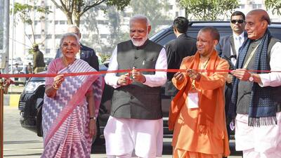 Prime Minister Narendra Modi at the inauguration of the Uttar Pradesh Global Investors Summit in Lucknow on Friday. Uttar Pradesh governor Anandiben Patel, chief minister Yogi Adityanath and defence minister Rajnath Singh are also seen. (PTI PHOTO) Prime Minister Narendra Modi at the inauguration of the Uttar Pradesh Global Investors Summit in Lucknow on Friday. Uttar Pradesh governor Anandiben Patel, chief minister Yogi Adityanath and defence minister Rajnath Singh are also seen. (PTI PHOTO)