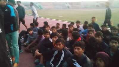 Students of Major Dhyan Chand Sports College in Saifai, Etawah protesting. (HT Photo)