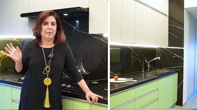 Inside Farah Khan's green, white and black modular kitchen. Inside Farah Khan's green, white and black modular kitchen.