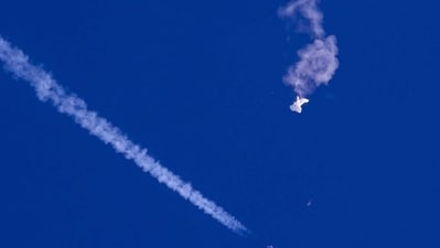 Remnants of Chinese spy balloon drift above the Atlantic Ocean, just off the coast of South Carolina. (AP) Remnants of Chinese spy balloon drift above the Atlantic Ocean, just off the coast of South Carolina. (AP)