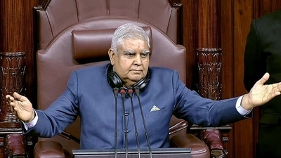 Rajya Sabha chairman Jagdeep Dhankhar conducts the proceedings of the House during the Budget Session of Parliament, in New Delhi on Friday. (ANI) Rajya Sabha chairman Jagdeep Dhankhar conducts the proceedings of the House during the Budget Session of Parliament, in New Delhi on Friday. (ANI)