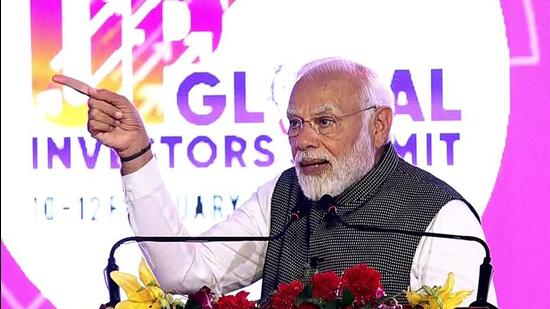 Prime Minister Narendra Modi speaking at the inauguration of the UP Global Investors Summit in Lucknow on Friday. (ANI PHOTO)