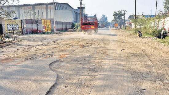 Some of the roads identified for repair are in the Sahibabad Site 4 industrial area, Bulandshahr Road industrial area, Loha Mandi and Amrit Steel Compound Industrial area, among others. (Sakib Ali/HT Photo)