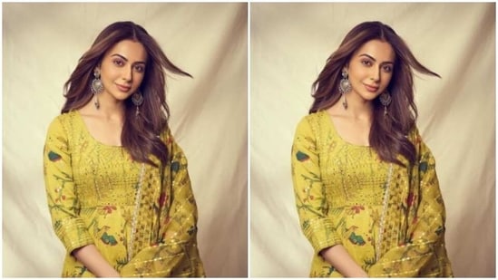 In a matching georgette mossy yellow dupatta with golden and silver zari details, Rakul Preet completed her look for the day.&nbsp;(Instagram/@rakulpreet)