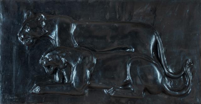 A 1940 plaster-of-Paris depiction of two tigers, the only known sculpture by Amrita Sher-Gil. A 1940 plaster-of-Paris depiction of two tigers, the only known sculpture by Amrita Sher-Gil.