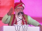 Prime Minister Narendra Modi speaks during a 'Vijay Sankalp Rally' for the upcoming Tripura assembly election at Ambassa in Dhalai district on Saturday,
