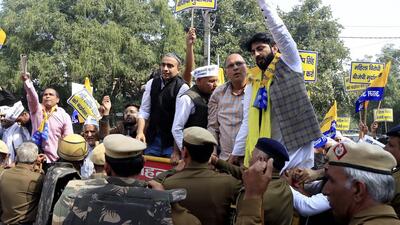 Aam Aadmi Party (AAP) workers gheraoed the BJP state office in Rohtak demanding the dismissal of minister Sandeep Singh on Saturday. (Manoj Dhaka/HT)