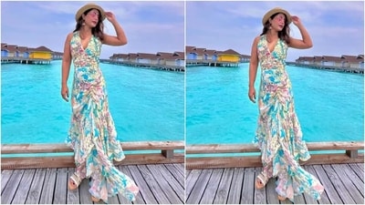 In the end, Hina chose side-parted open silky tresses, berry-toned lip shade, mascara on the lashes, blushed cheekbones, dewy skin, and feathered brows for the glam picks with her Maldivian outfit. (Instagram) In the end, Hina chose side-parted open silky tresses, berry-toned lip shade, mascara on the lashes, blushed cheekbones, dewy skin, and feathered brows for the glam picks with her Maldivian outfit. (Instagram)