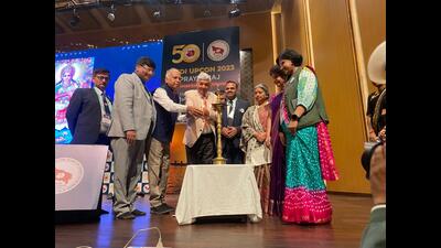 Inaugural session of the conference underway at AMA convention centre in Prayagraj on Saturday. (HT PHOTO) Inaugural session of the conference underway at AMA convention centre in Prayagraj on Saturday. (HT PHOTO)