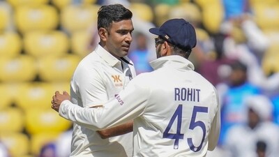 India's Ravichandran Ashwin, left, gets a tap on the shoulder from captain Rohit Sharma for his five-wicket haul during the third day of the first cricket test match between India and Australia in Nagpur, India, Saturday, Feb. 11, 2023. (AP Photo/Rafiq Maqbool) (AP) India's Ravichandran Ashwin, left, gets a tap on the shoulder from captain Rohit Sharma for his five-wicket haul during the third day of the first cricket test match between India and Australia in Nagpur, India, Saturday, Feb. 11, 2023. (AP Photo/Rafiq Maqbool) (AP)